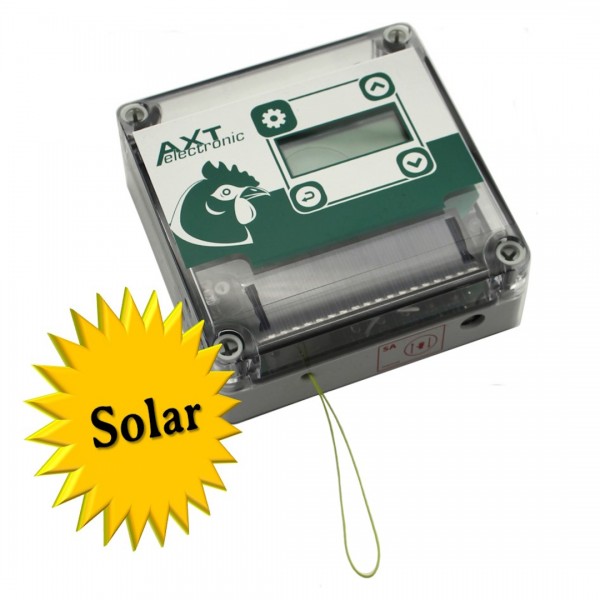 VSE-Solar - Automatic chicken door with batteries and integrated timer, rechargeable batteries/solar power.