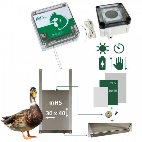 SET C - Automatische Hühnerklappe VSD mit Batterien, digit. Zeitschaltuhr, manuelle Steuerung, Enten