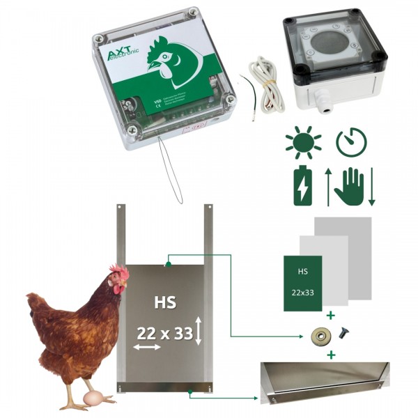 SET A - Automatische Hühnerklappe VSD mit Batterien, digit.Zeitschaltuhr, manuelle Steuerung, Hühner